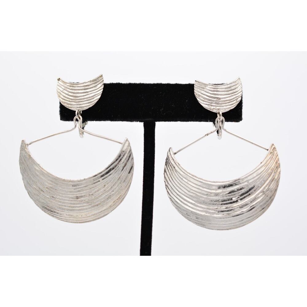 Vintage Moon Clip On Earrings Dangle Silver Tone Chunky Bright Textured BinAE